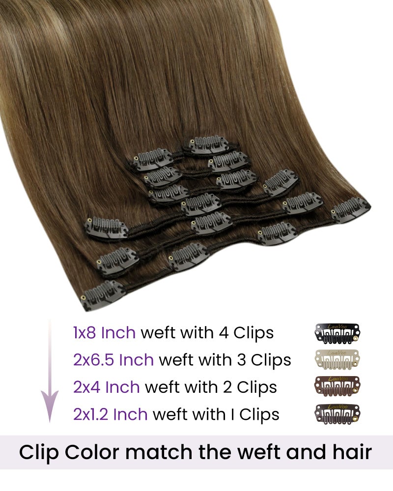 LaaVoo Clip in Hair Extensions Real Human Hair Brown Balayage # 8 Mix Golden Blonde Human Hair Clip in Extensions Blonde Balayage Real Hair Extensions Clip ins Full Head 16 Inch 7pcs 120g - Image 3